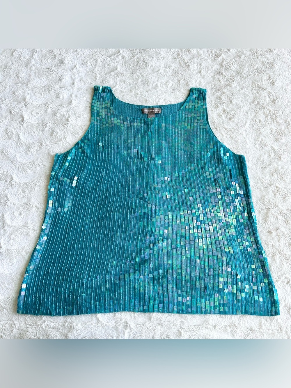 Vintage Valerie Stevens Tank Top Womens XL Blue Sequin Rare Silk Mermaid Y2K 00s